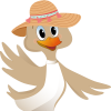 Anatra sorridente con cappello colorato, trasmette allegria e simpatia.