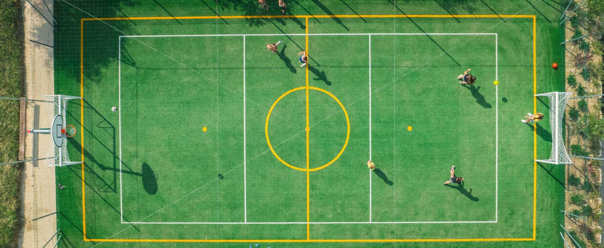 Sports field with players, aerial view.